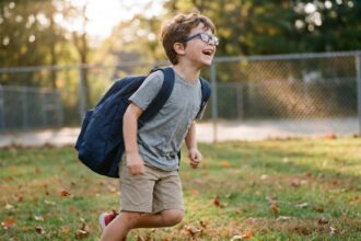 Jeune garçon actif portant des lunettes incassables à montures flexibles bleues en train de courir dans une cour d'école