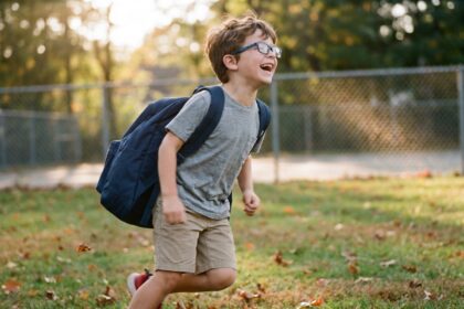 Jeune garçon actif portant des lunettes incassables à montures flexibles bleues en train de courir dans une cour d'école