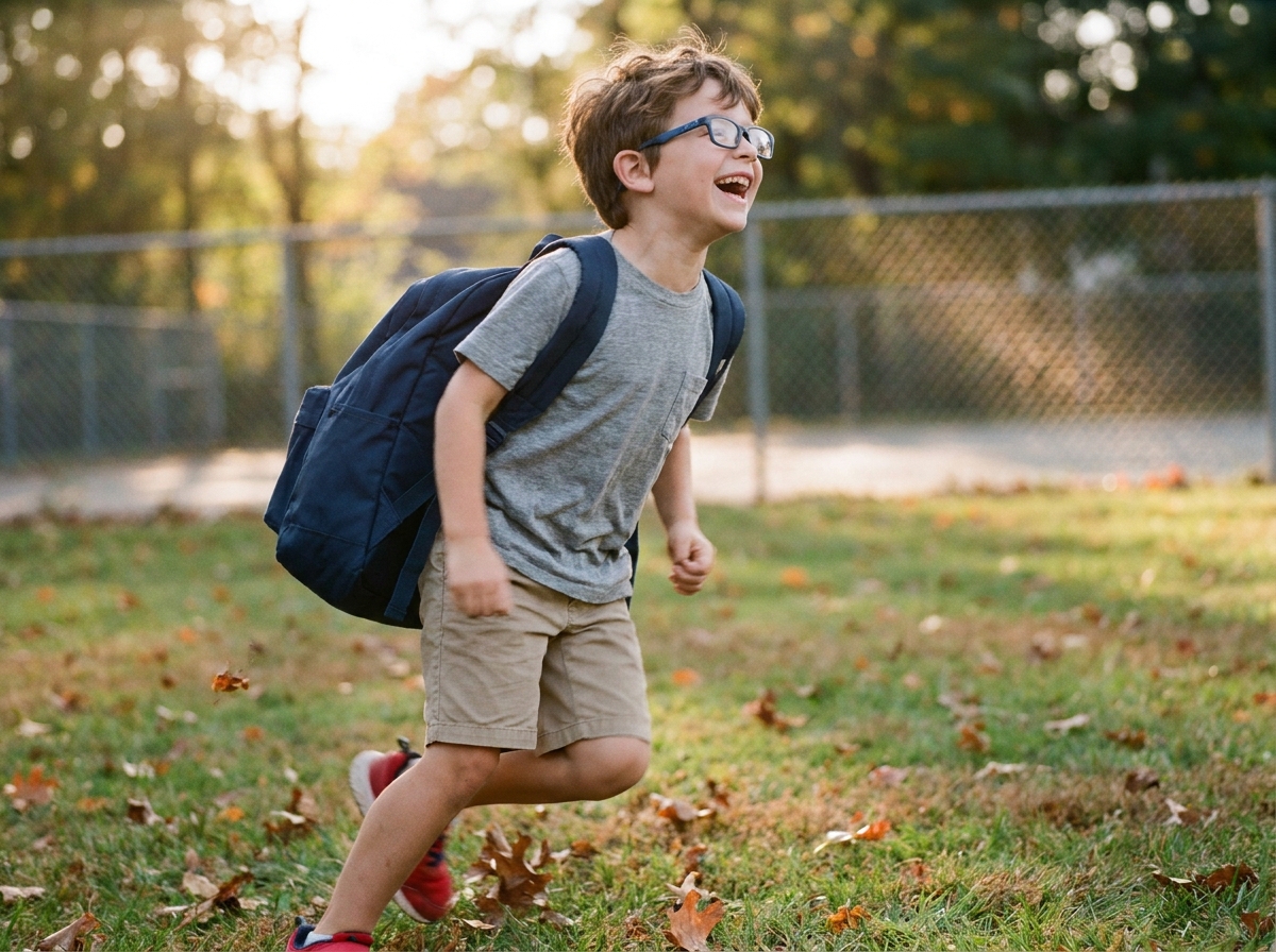 Jeune garçon actif portant des lunettes incassables à montures flexibles bleues en train de courir dans une cour d'école