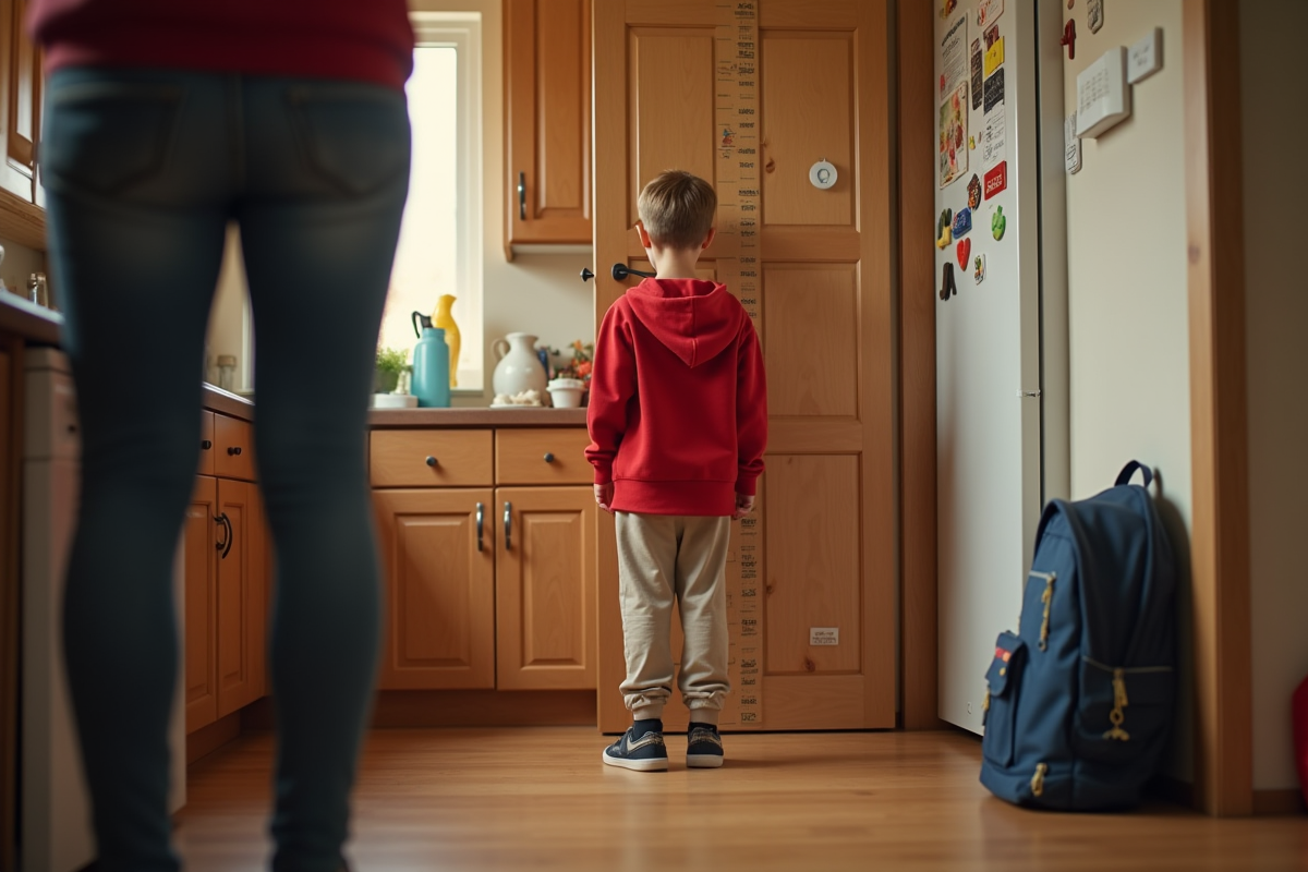 Garçon de 10 ans dans la cuisine familiale mesurant sa taille contre la porte
