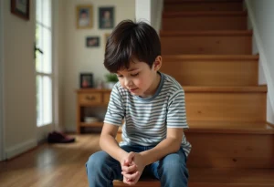 Garçon de 7 ans assis sur l'escalier intérieur