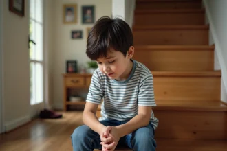Garçon de 7 ans assis sur l'escalier intérieur