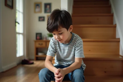 Garçon de 7 ans assis sur l'escalier intérieur