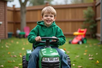 Garçon de 7 ans sur un tracteur électrique en jardin
