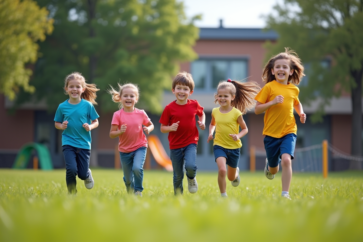 Enfants courant dans la cour d'école en plein air