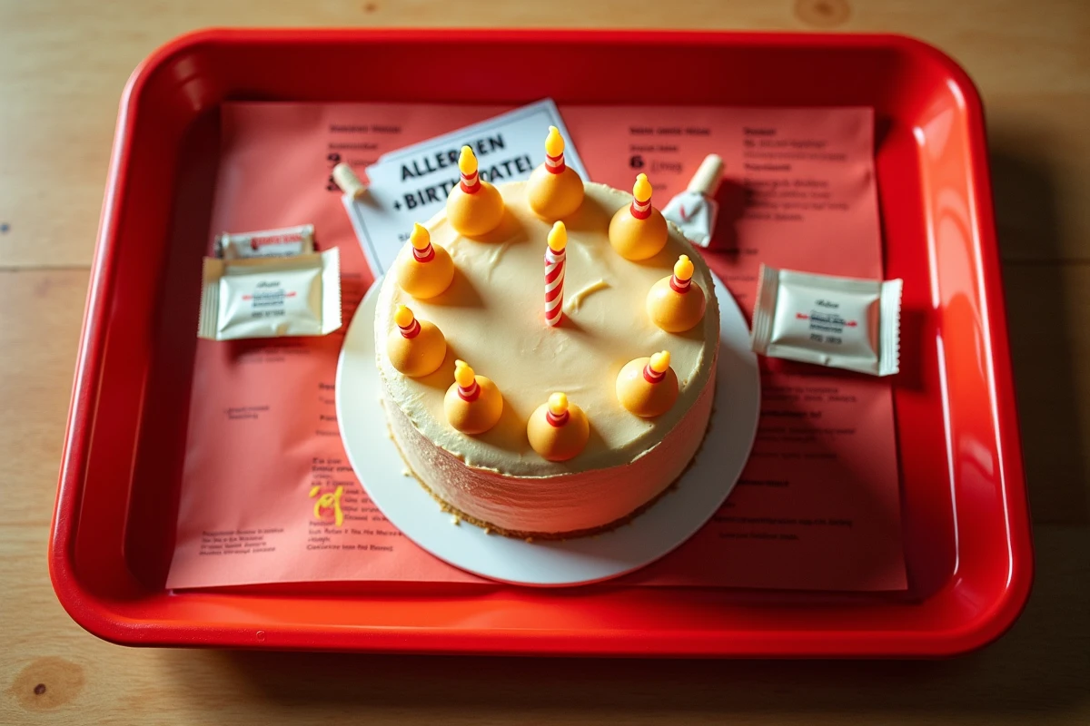Vue du dessus d'un plateau McDonald's avec un gâteau d'anniversaire, des bougies et une fiche d'information sur les allergènes