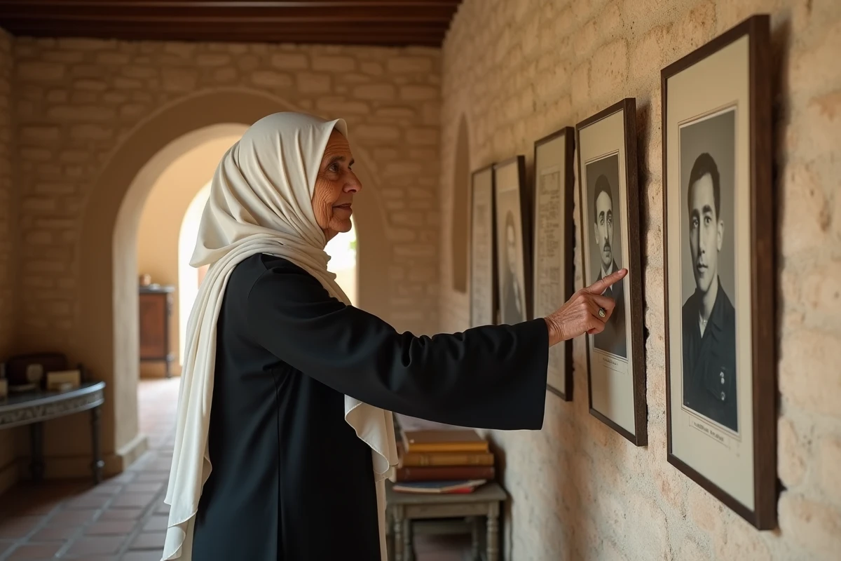 Femme âgée en abaya devant un mur de photographies de famille et d'arbres généalogiques, représentant la transmission historique de la lignée du Prophète Mohammed
