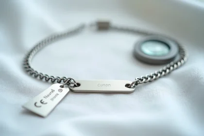 Gourmette enfant en argent avec plaque gravée posée sur tissu blanc, à côté d'un label de certification CE et d'une loupe, illustrant les normes de sécurité des bijoux pour enfants.