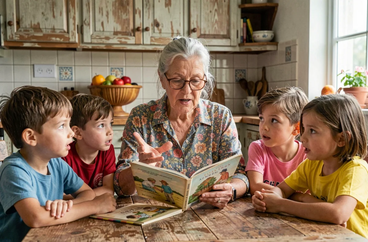 Grand-mère racontant une comptine illustrée à des enfants autour d'une table de cuisine rustique