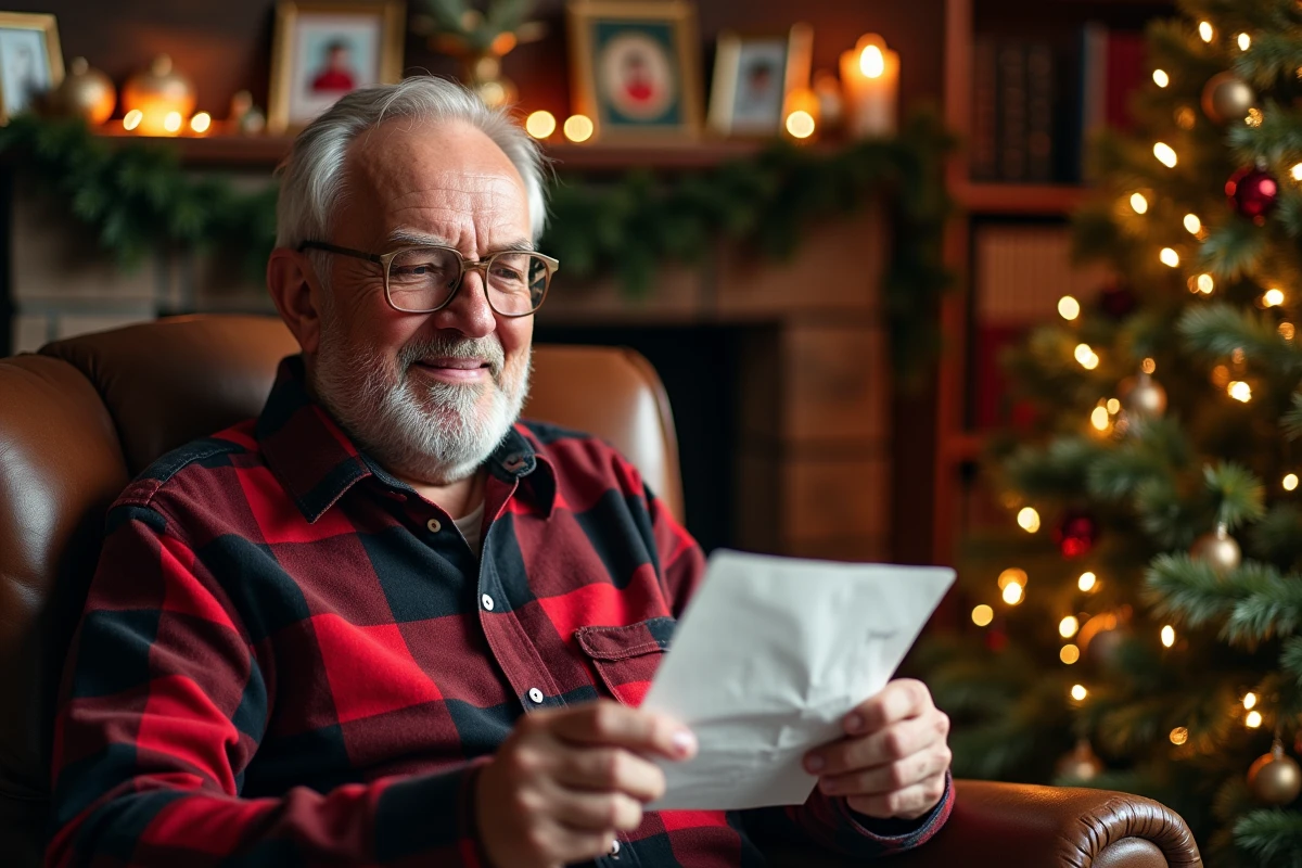 Grand-père lisant une lettre au Père Noël avec émotion dans un salon familial décoré pour Noël