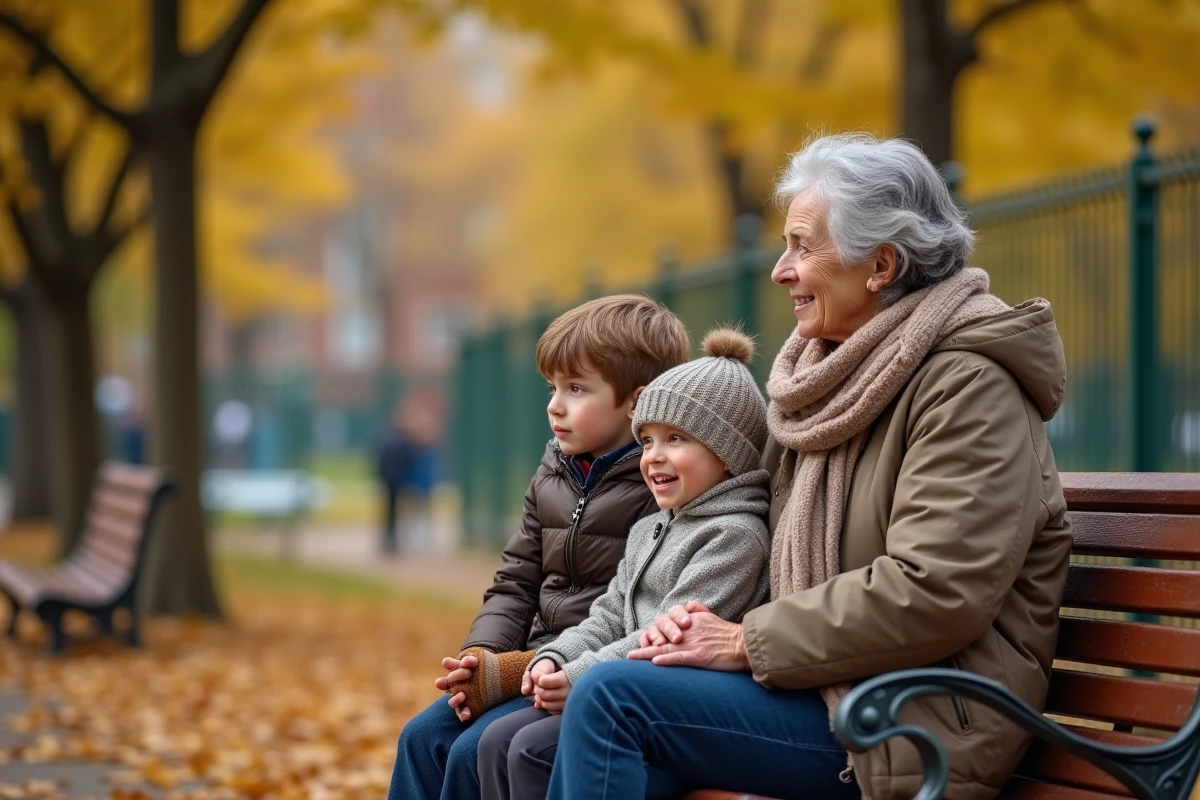 Grand-mère avec enfants dans un parc en automne