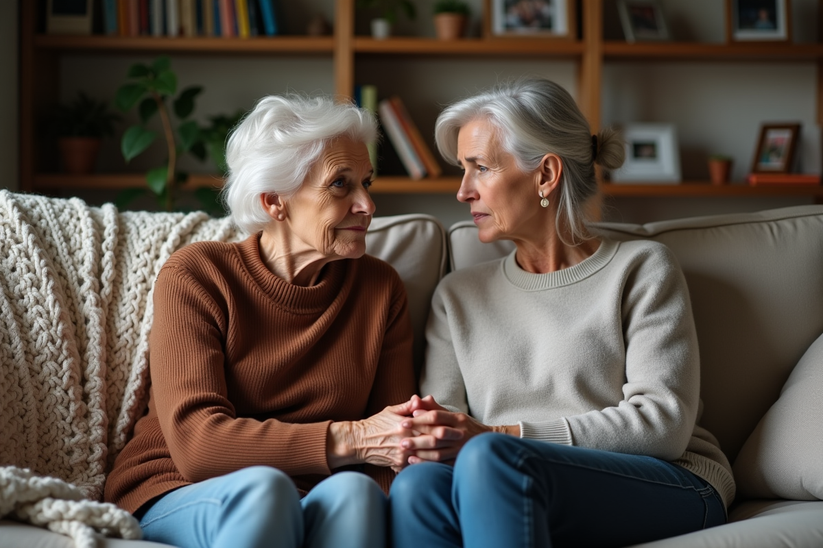 Grand-mère et fille discutent sérieusement sur un canapé