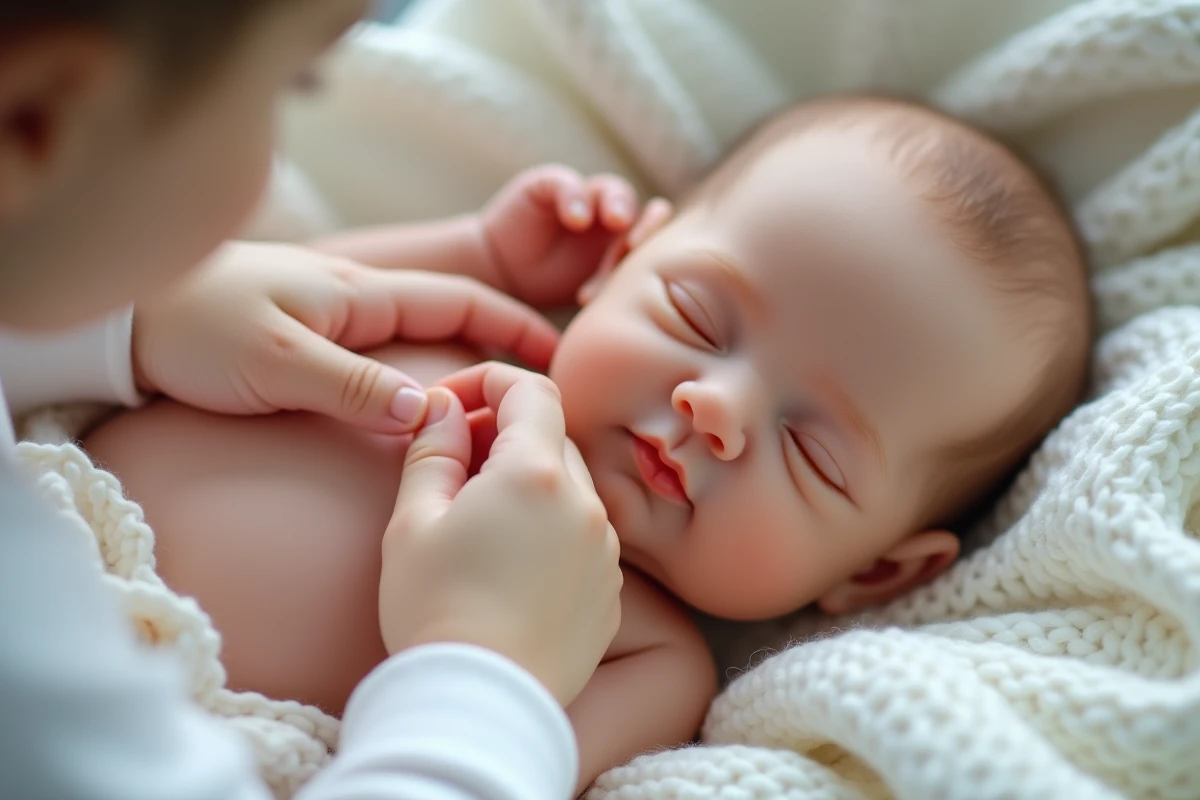 Gros plan de mains d'enfant tenant une poupée reborn en silicone aux détails hyper-réalistes