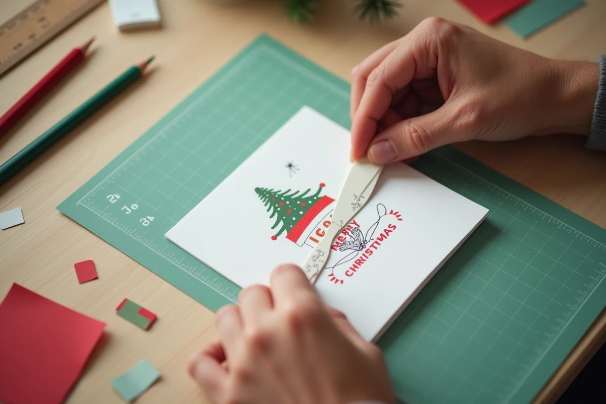 Gros plan de mains pliant une carte de Noël imprimée avec un outil de pliage sur un tapis de découpe