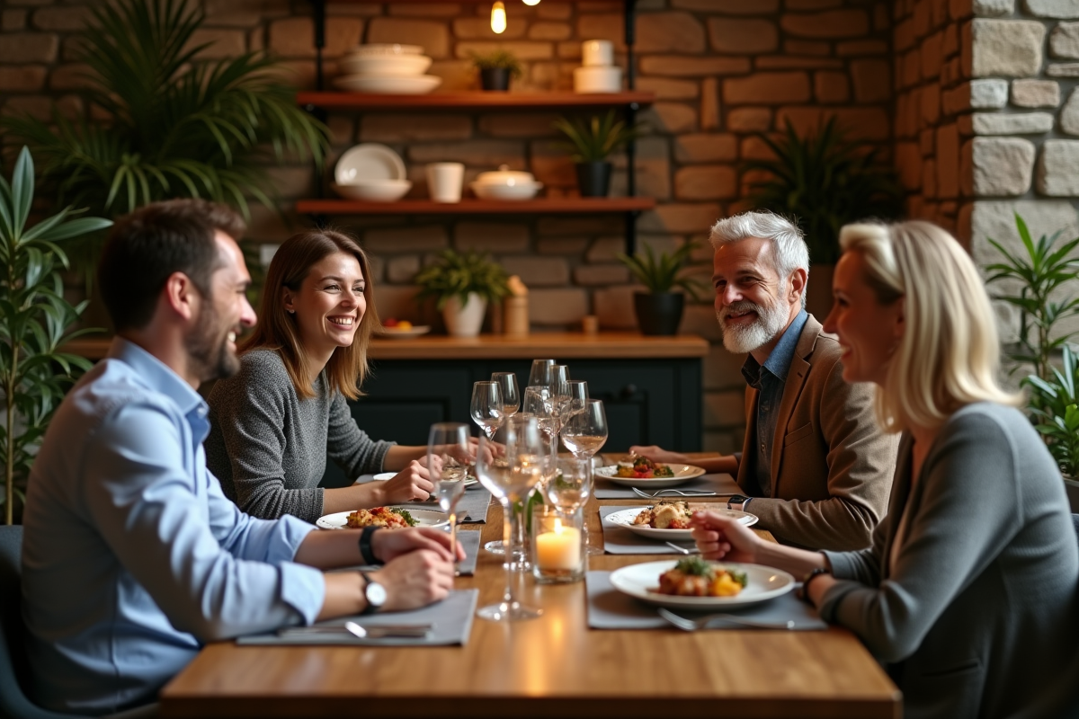 Groupe d'amis souriants autour d'une table de dîner convivial