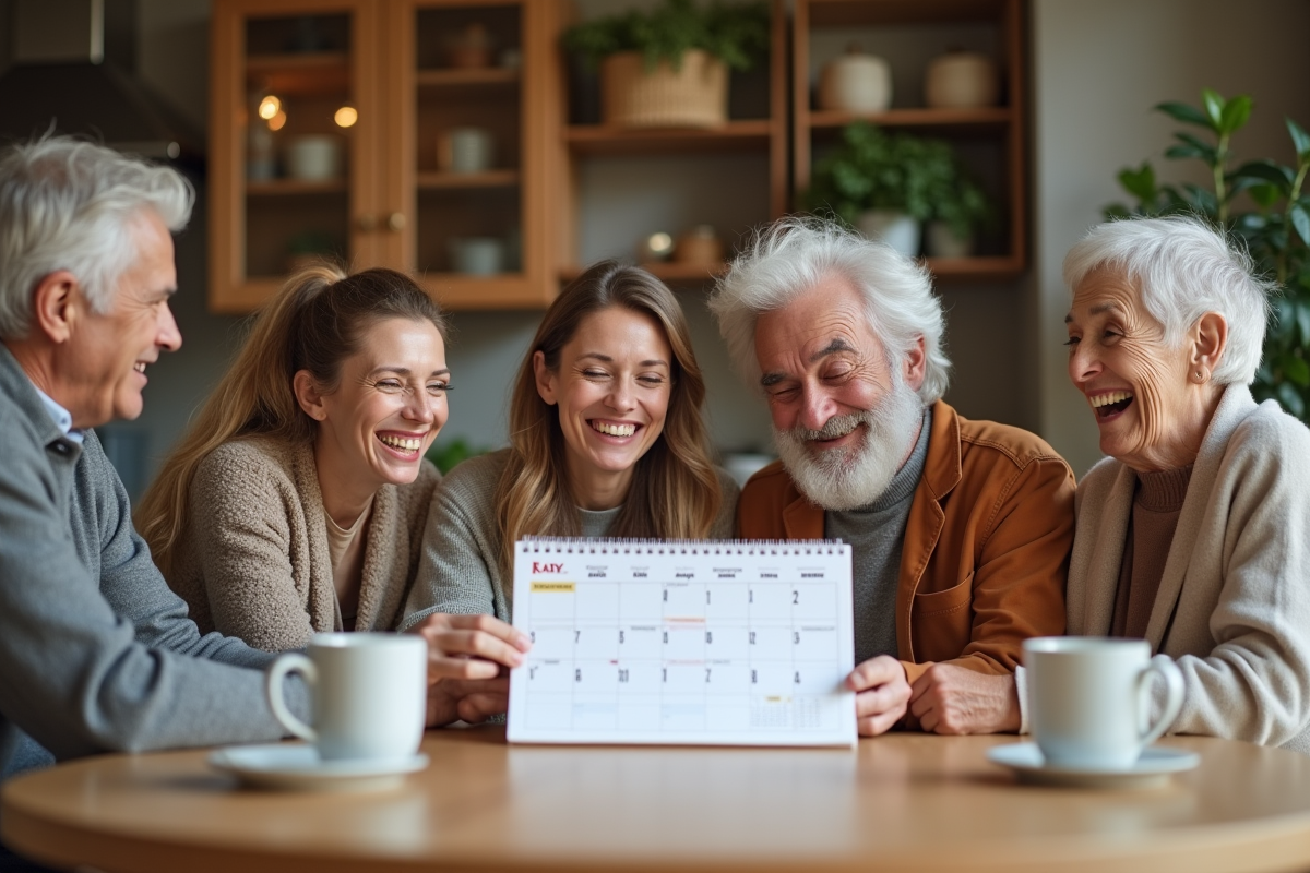Groupe de personnes autour d'un calendrier familial dans une cuisine chaleureuse