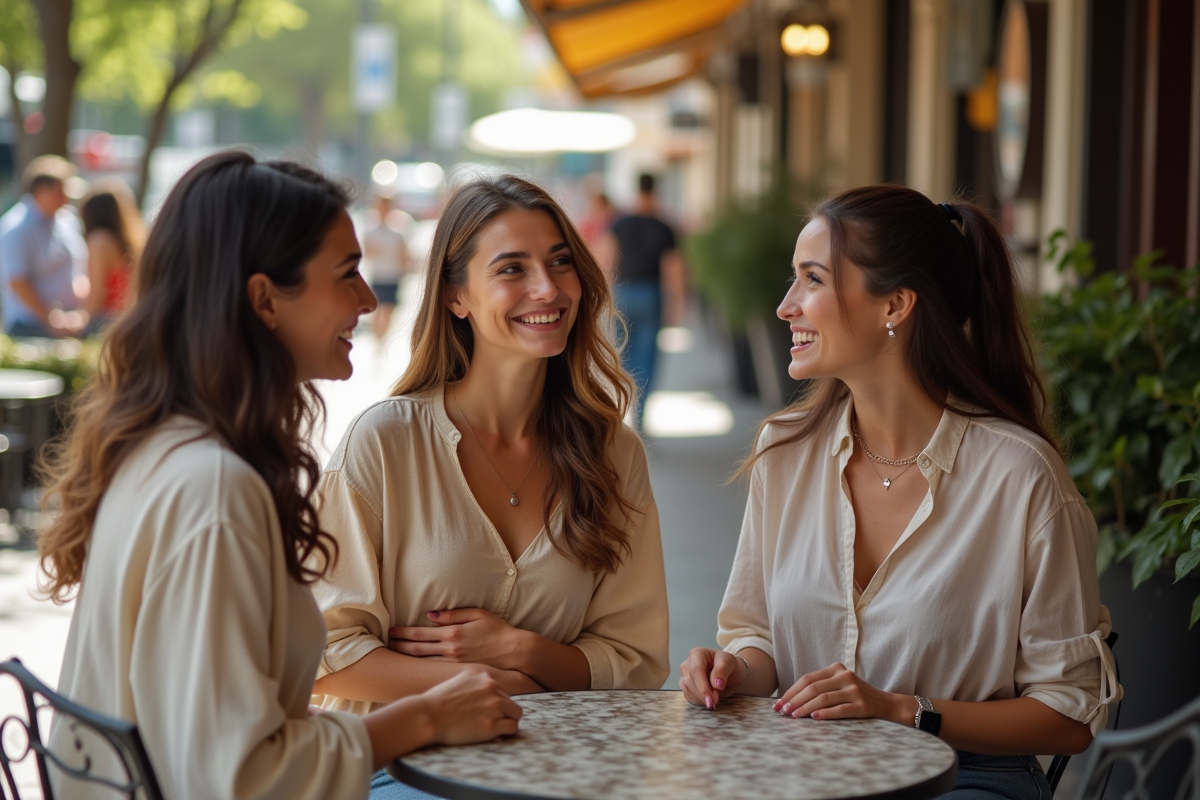 Trois femmes souriantes dans un café en plein air