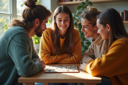 Groupe de trois adultes jouant à un jeu de société dans un salon chaleureux