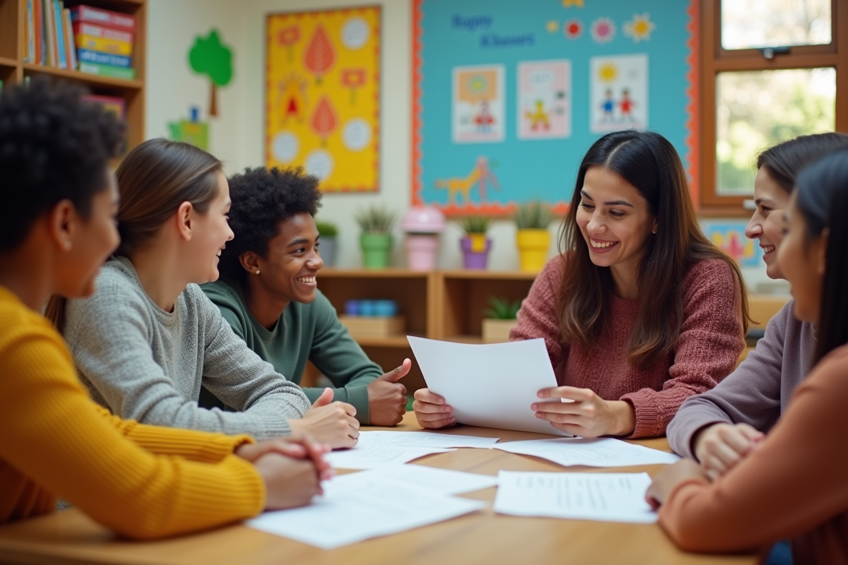 Groupe de parents et éducateur autour d'une table en classe