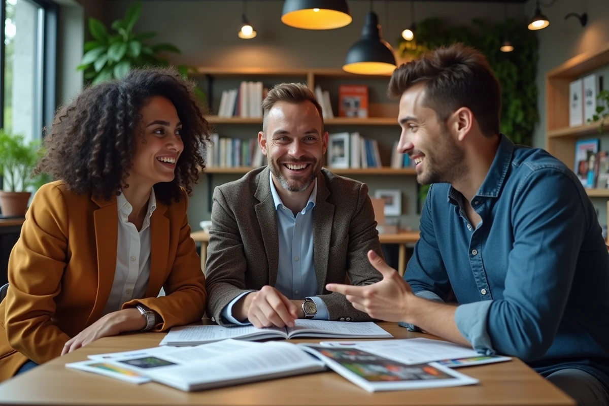 Groupe de jeunes professionnels discutant d'un abonnement magazine business dans un espace de coworking