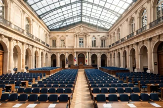 Hémicycle vide de l'Assemblée nationale à Paris en lumière du jour