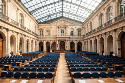 Hémicycle vide de l'Assemblée nationale à Paris en lumière du jour