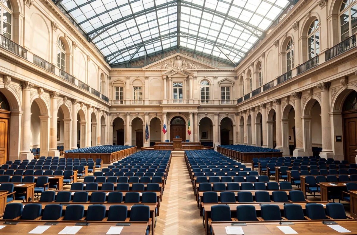 Hémicycle vide de l'Assemblée nationale à Paris en lumière du jour