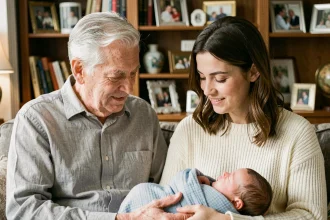 Grand-père et jeune mère tenant un nouveau-né enveloppé dans un lange bleu pâle dans un salon chaleureux entouré d'albums photo familiaux