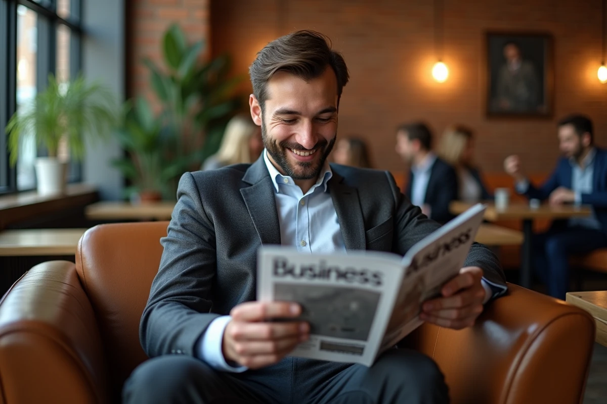 Homme d'affaires feuilletant un magazine business dans un salon professionnel moderne