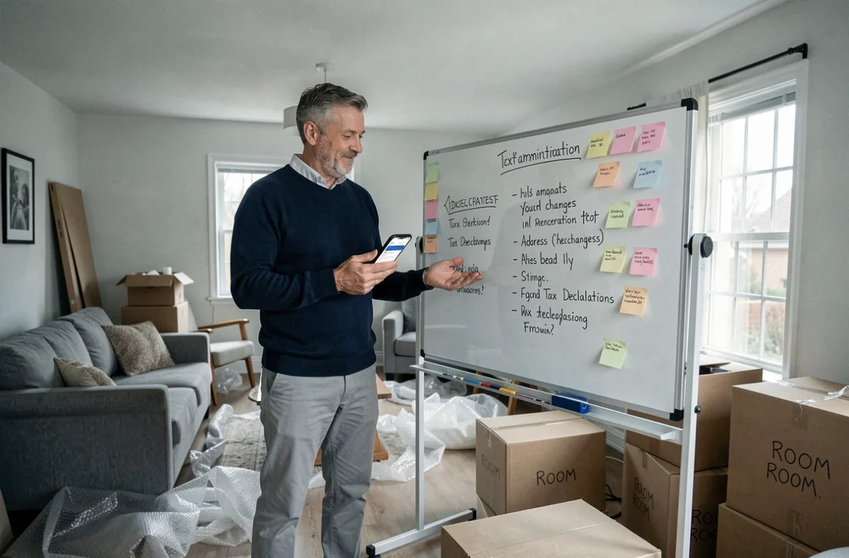 Homme consultant une application fiscale lors d'un changement de domicile avec cartons et notes administratives