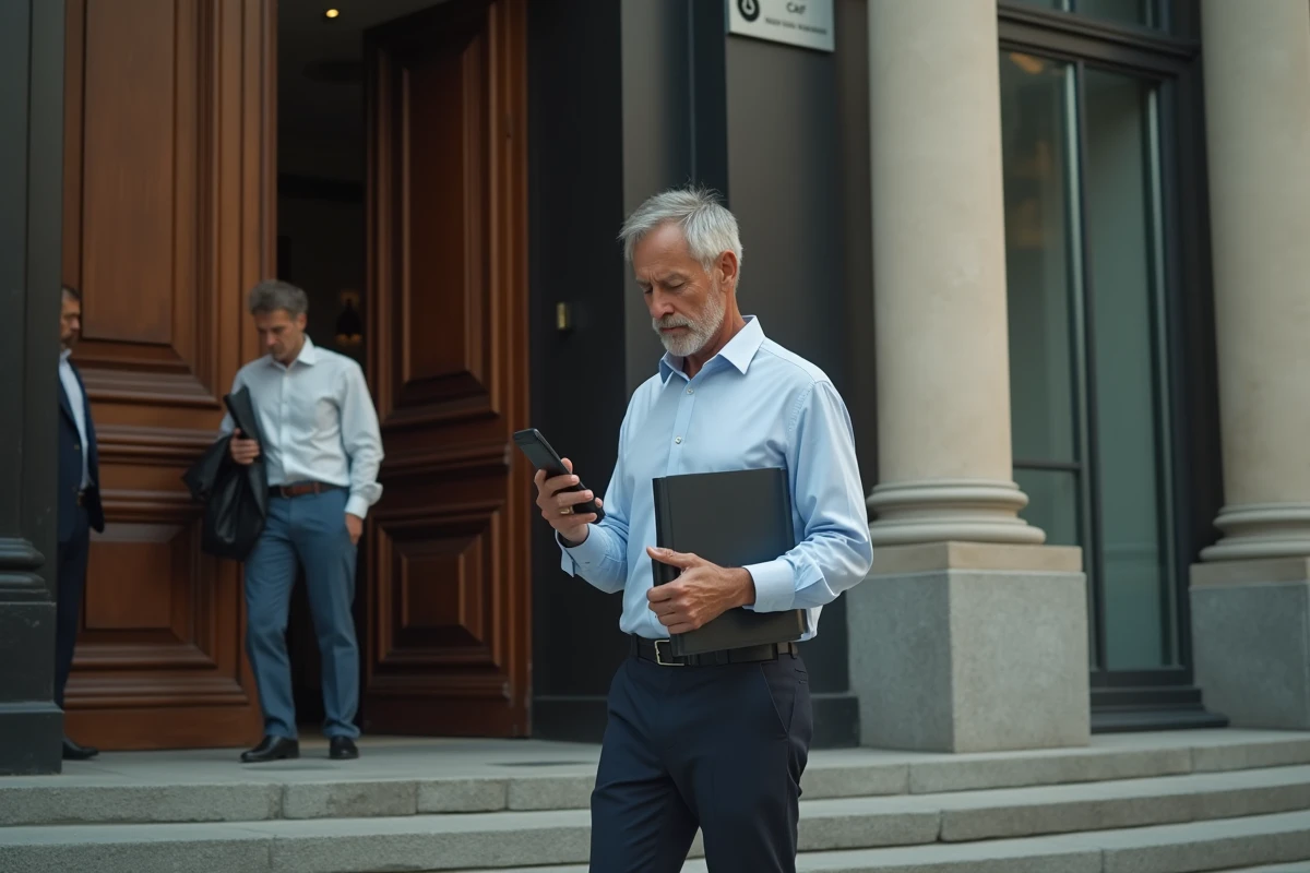 Homme vérifiant son téléphone devant une entrée de CAF