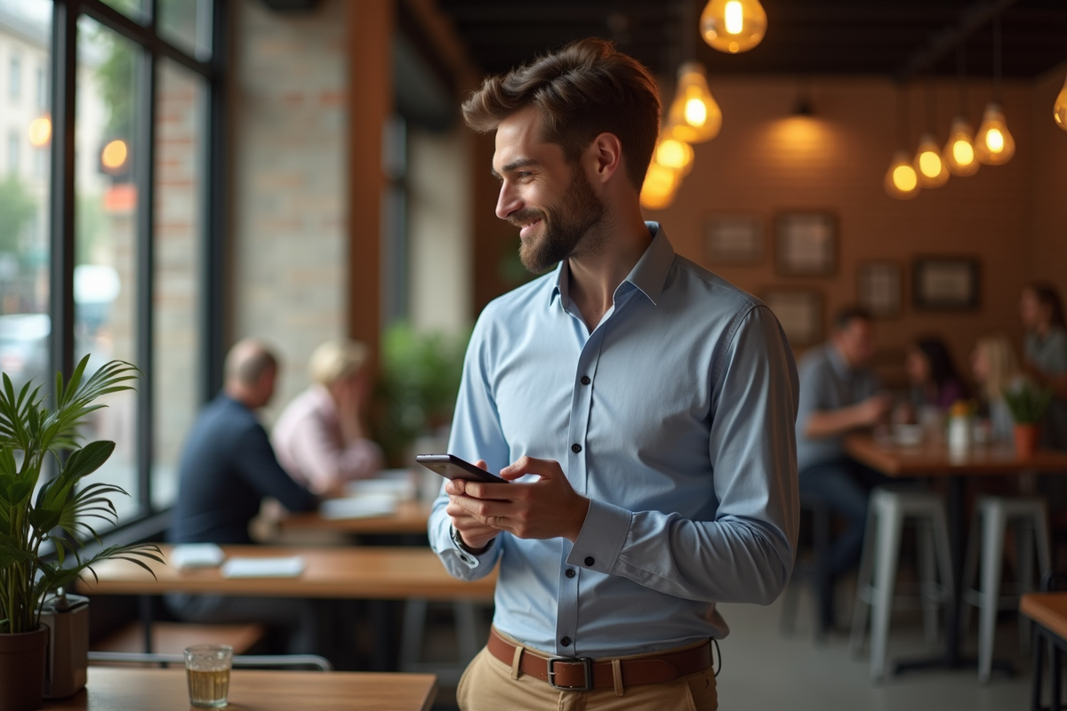 Homme élégant dans un café urbain vérifiant son téléphone