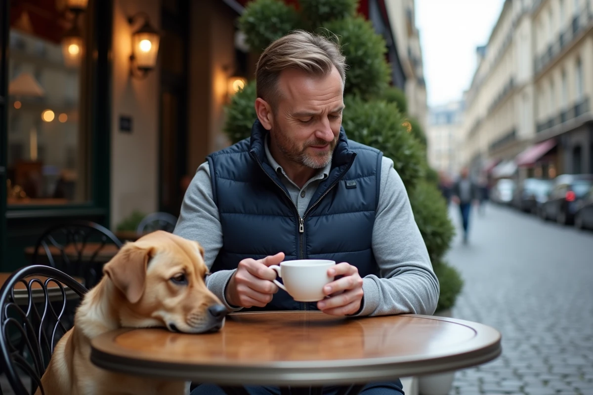 Homme et son labrador en terrasse d'une brasserie dog-friendly dans une rue pavée de banlieue parisienne