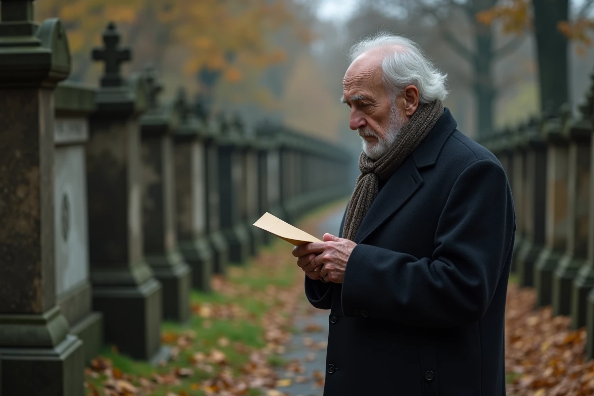 Homme âgé regardant une tombe dans un cimetière automnal
