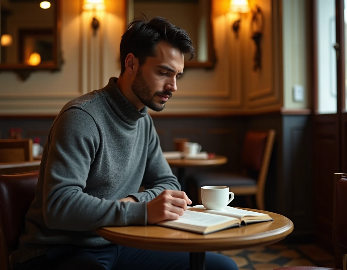 Homme discret attablé dans une brasserie parisienne, évoquant la personnalité réservée du mari d'une célébrité médiatique