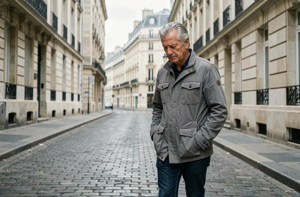 Homme d'âge mûr marchant seul dans une rue parisienne, evoquant la discrétion d'un père face à la renommée de sa fille actrice