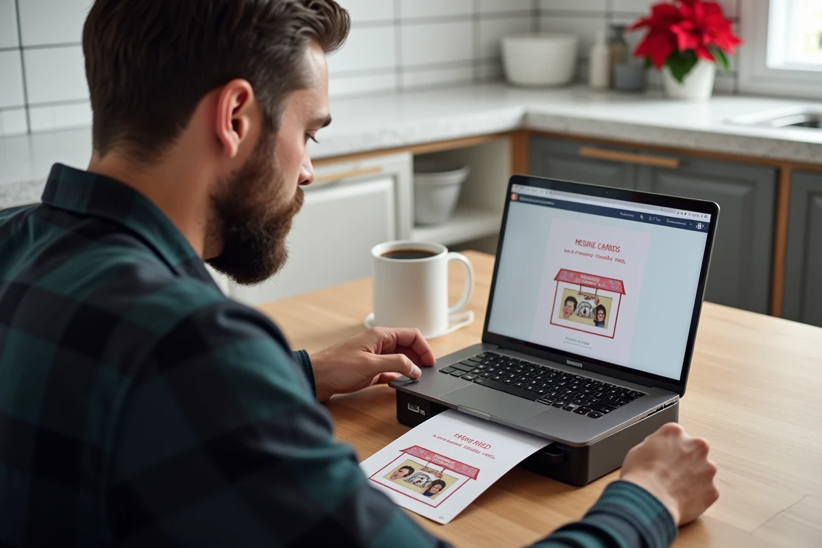 Homme imprimant un modèle de carte de Noël depuis son ordinateur portable dans une cuisine moderne