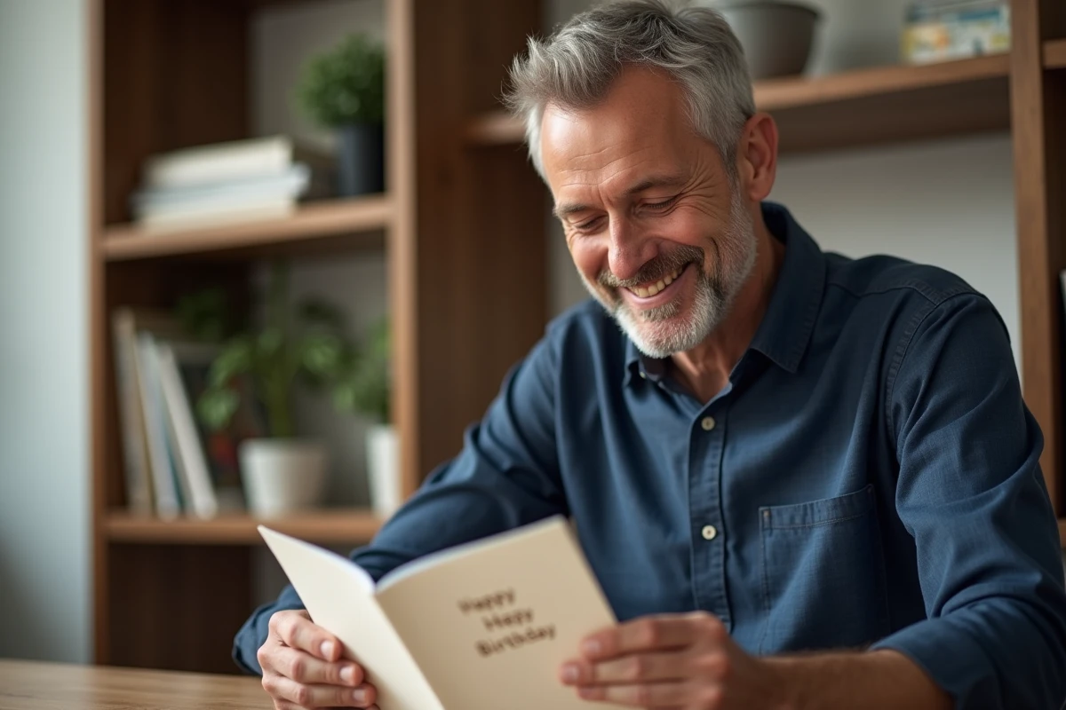 Homme lisant un texte d'anniversaire sur une carte avec le sourire dans un bureau