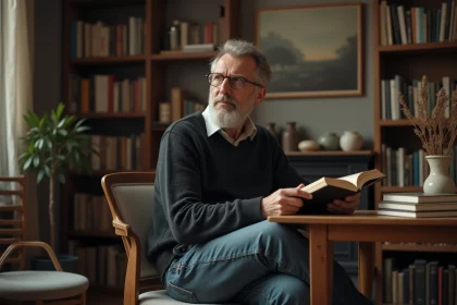 Homme d'âge moyen lisant dans un bureau cosy et rempli de livres