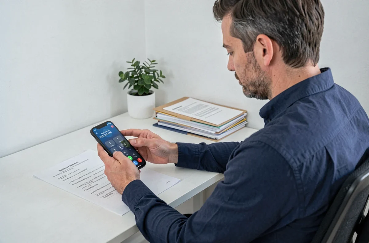 Homme consultant un document administratif Pajemploi tout en composant un numéro international sur son smartphone