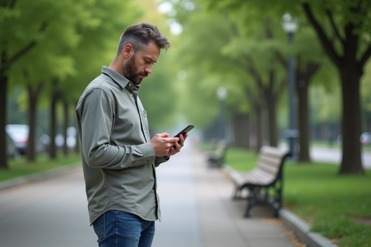 Homme d âge moyen utilisant son smartphone dans un parc urbain
