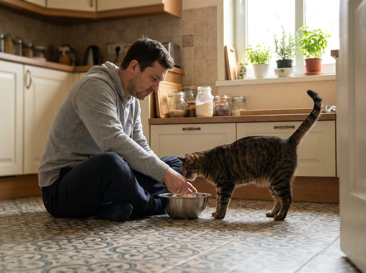 Homme préparant la gamelle de son chat dans une cuisine du quotidien, alimentation saine pour animal de compagnie