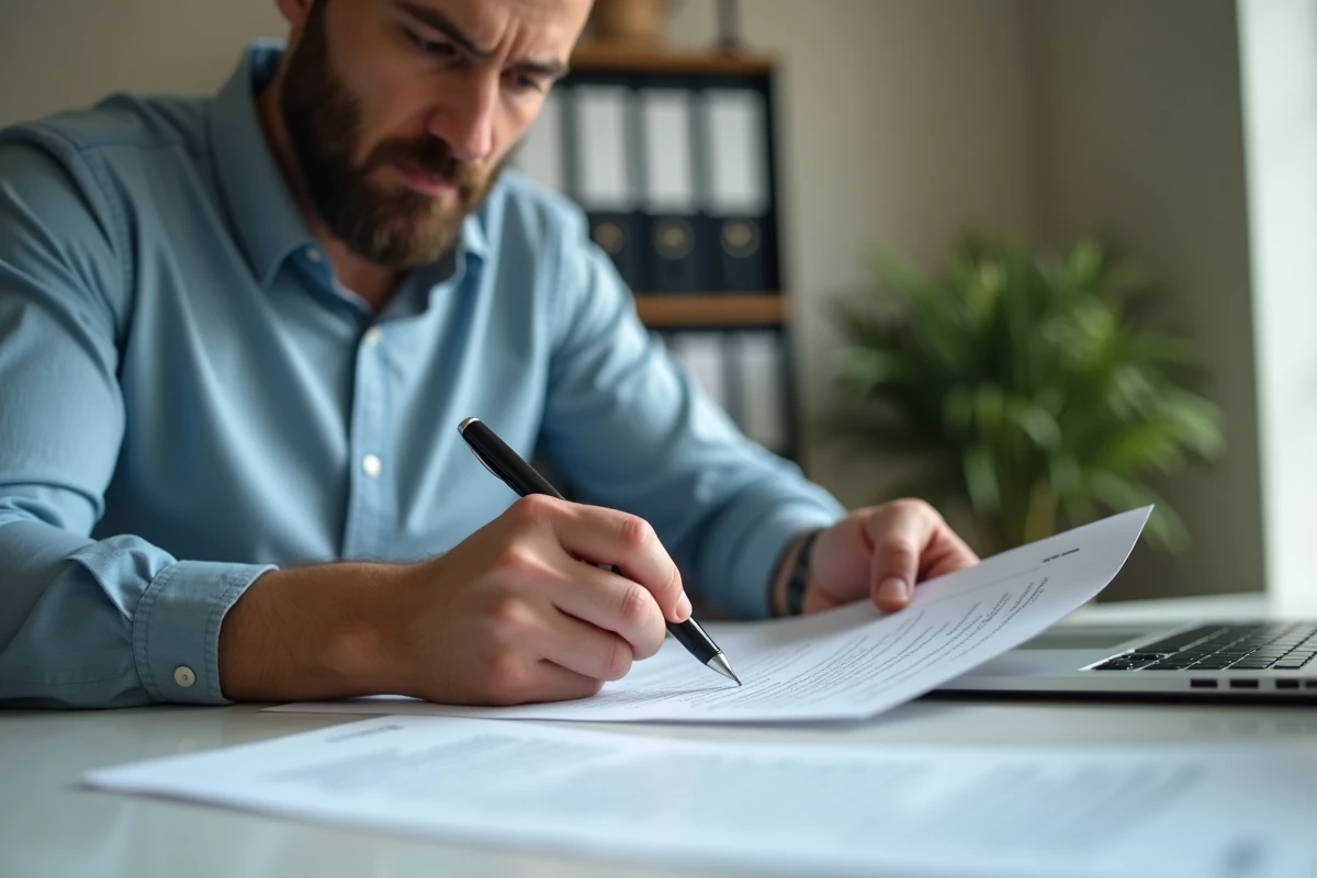 Homme signant des documents officiels de divorce à domicile sur un bureau moderne