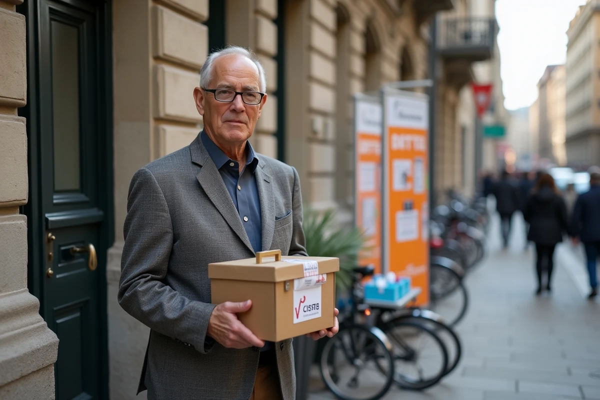 Homme âgé en blazer tenant une caisse de dons devant un stand de tombola en ville