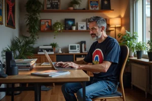 Homme d age moyen en t shirt vintage dans un bureau parisien