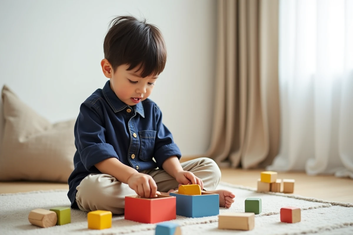 Garçon de 4 ans triant des formes géométriques en bois colorées dans des boîtes en carton peintes, jeu éducatif Montessori économique à la maison
