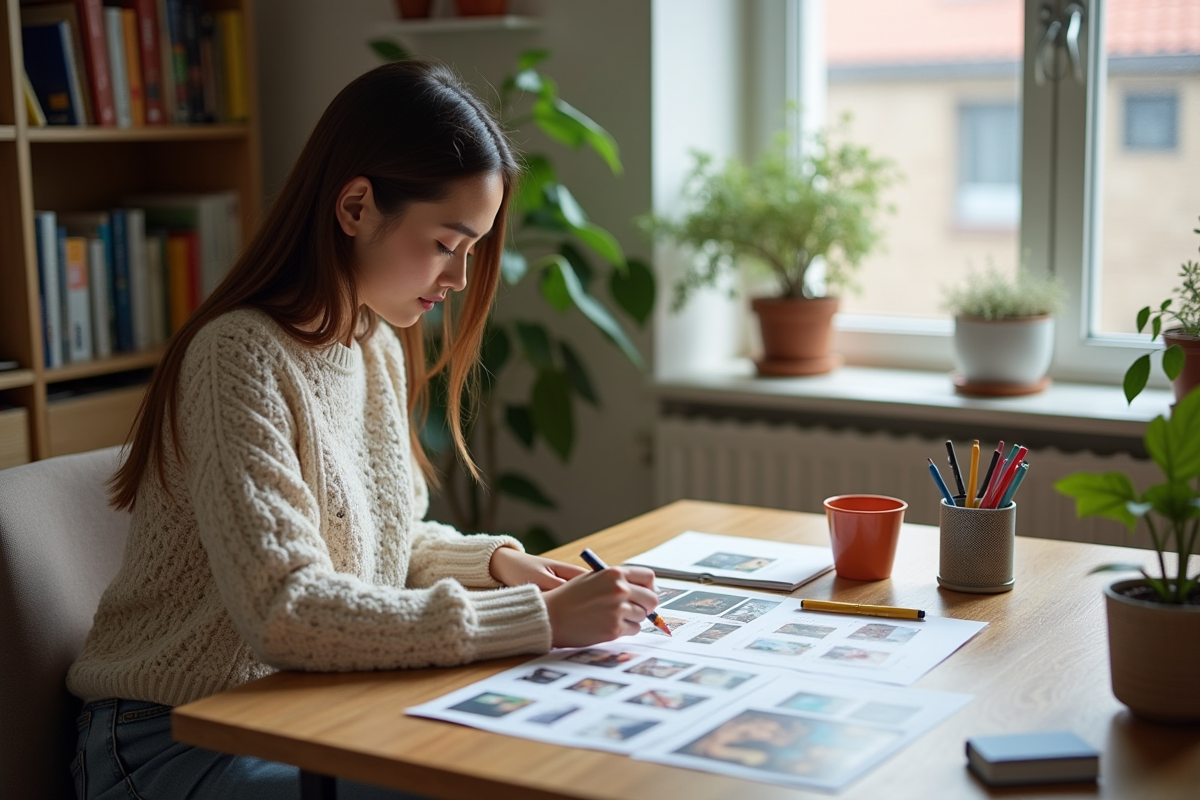 Jeune femme créant son calendrier dans un bureau cosy
