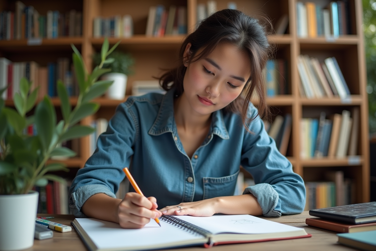 Jeune femme en denim esquissant dans un studio créatif
