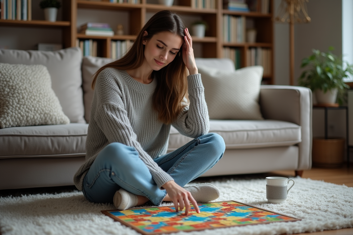 Jeune femme concentrée jouant à un jeu de société dans un salon cosy