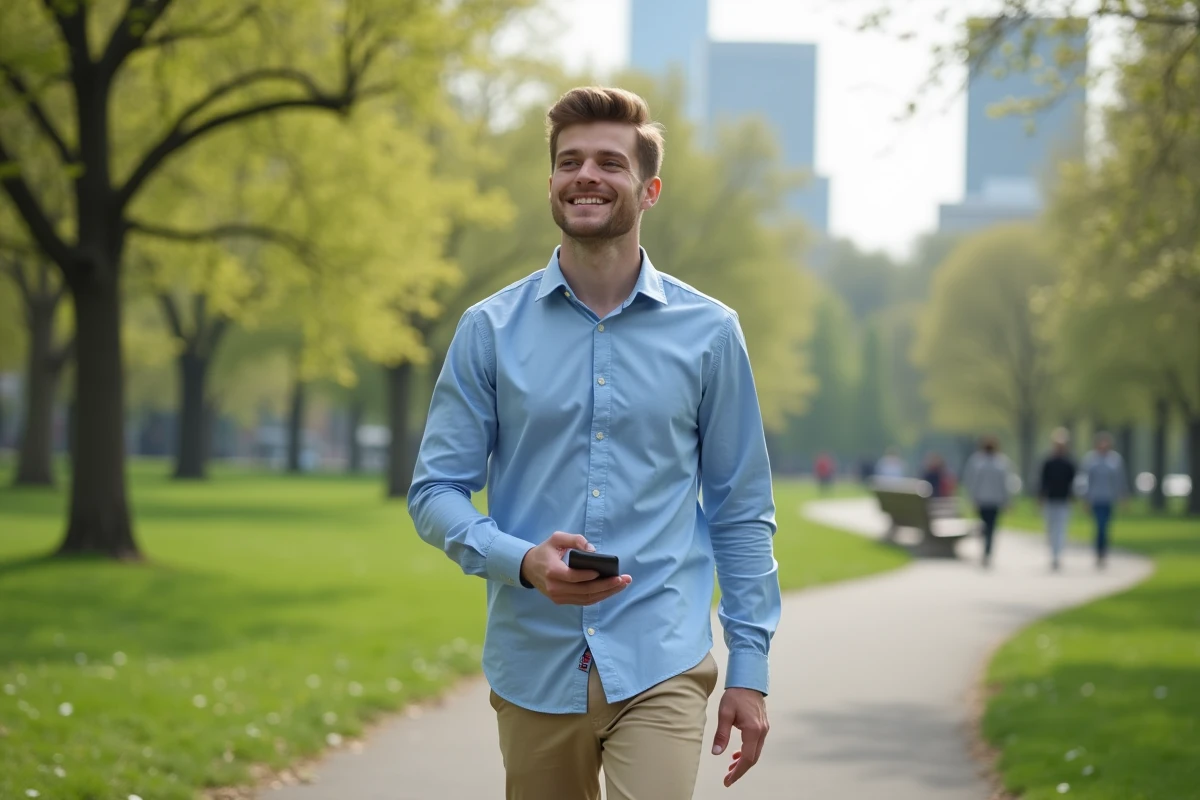 Jeune homme marchant dans un parc urbain au printemps